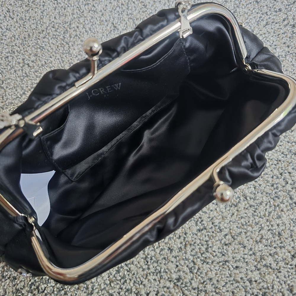 J. Crew Black Satin Evening  rhinestone Clutch Chain Purse NWT - Picture 4 of 6